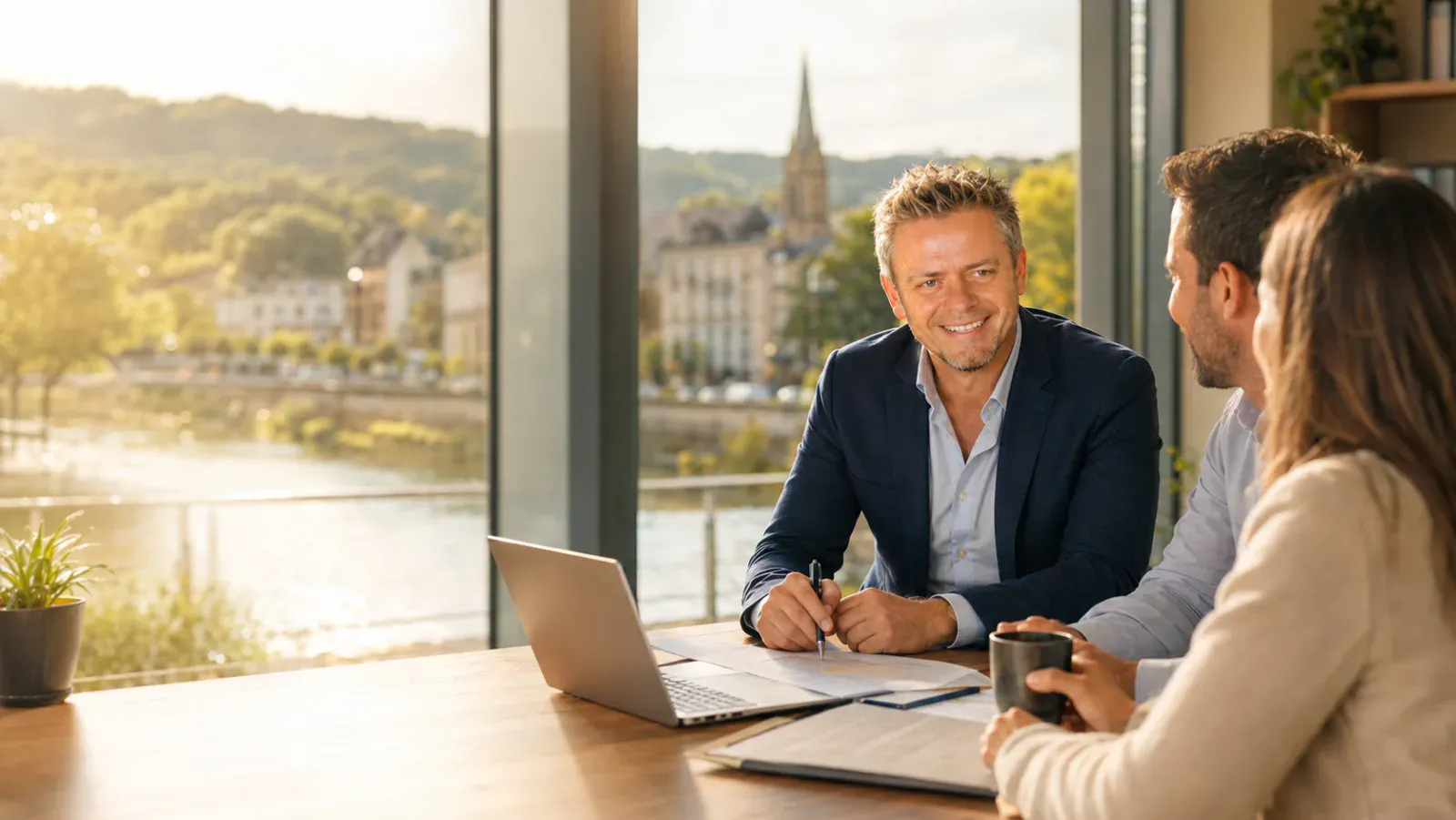 Kundengespräch im ADMATRIX-Büro in Remich mit Blick auf die Mosel